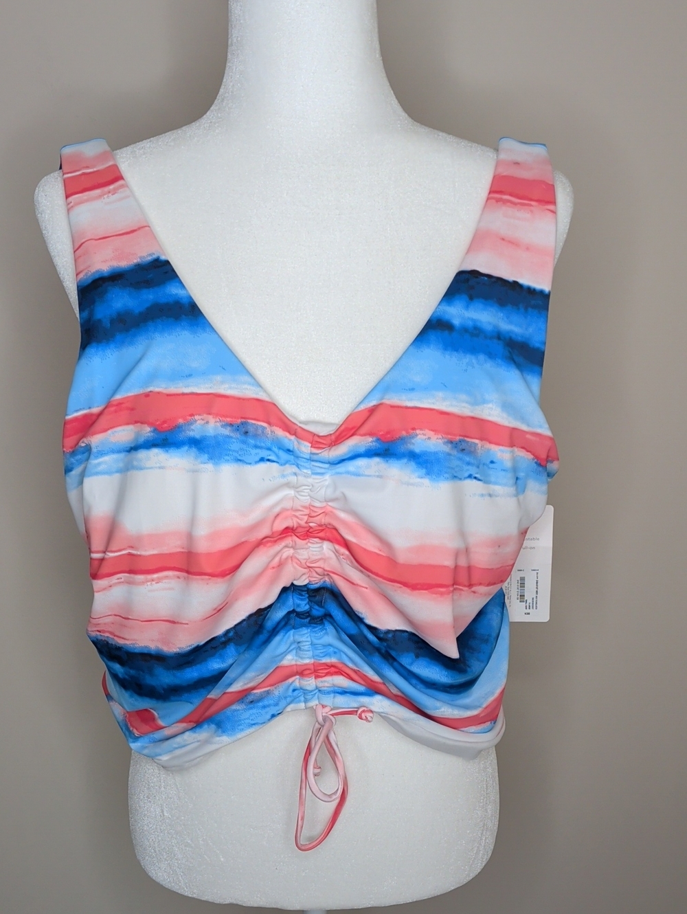 Peyton & Parker Striped Ruched V-Neck Tankini Top in Coral, Blue & White Size XL